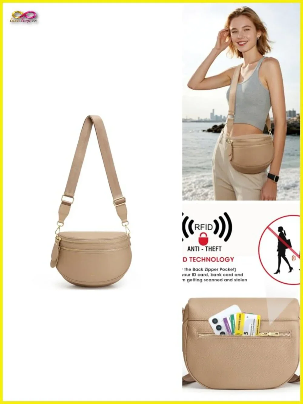Top Grain Leather Crossbody Bum Bag with RFID Blocking, Adjustable Strap